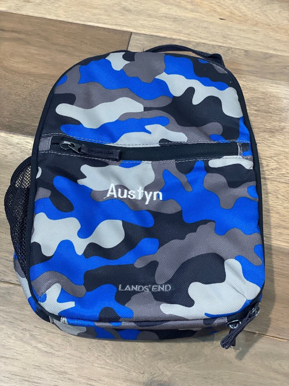 Lands’ End Insulated Lunch Box Blue Gray and Camo Design (Embroidered Name)